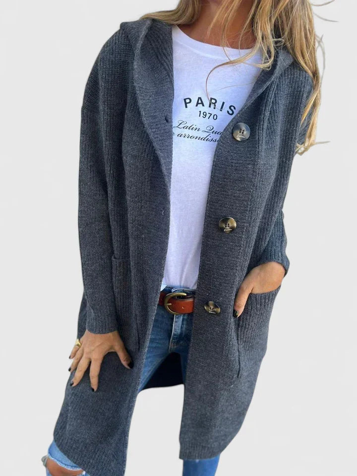 Gilet long à capuche en maille pour femme | Boutonné