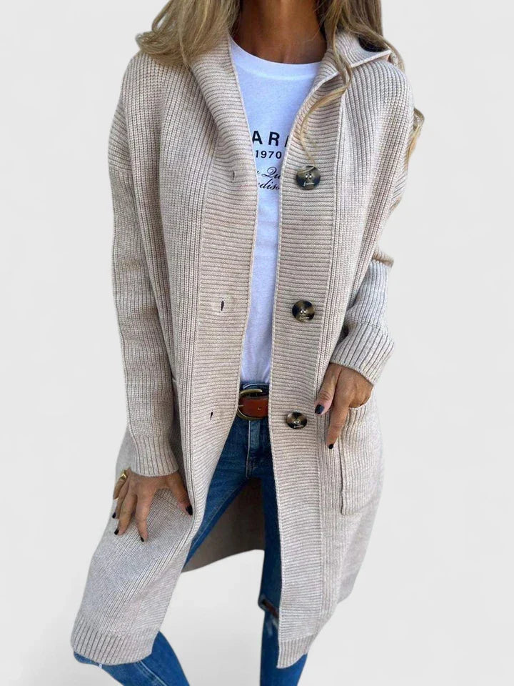 Gilet long à capuche en maille pour femme | Boutonné
