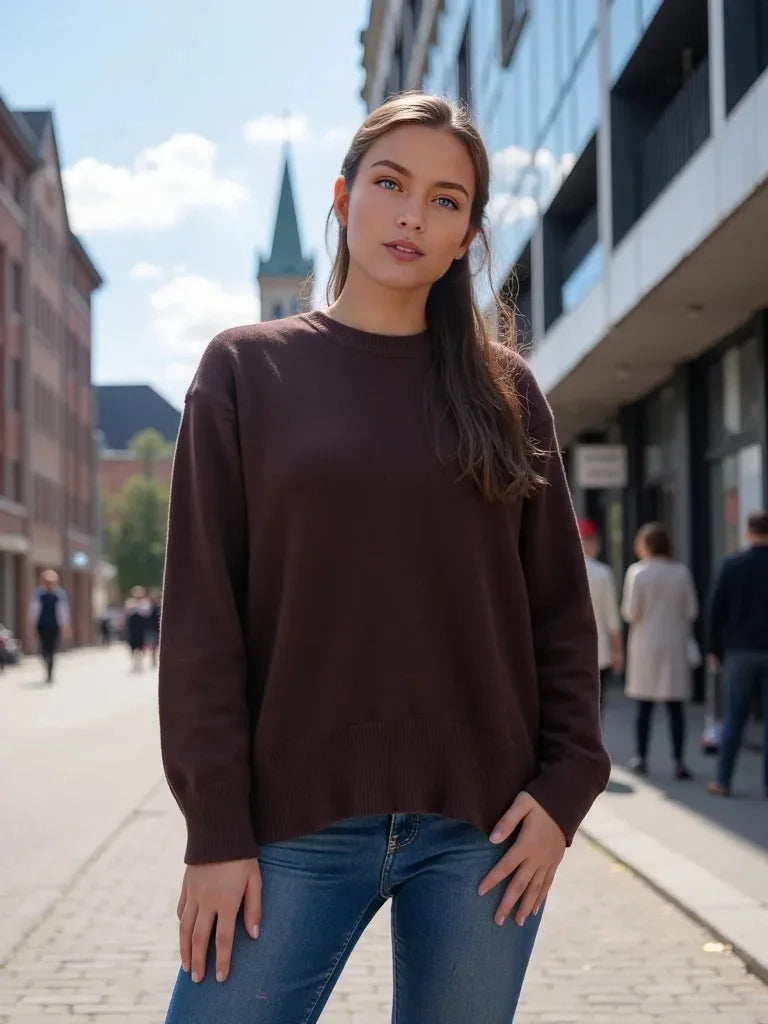 Pull tricoté d'hiver oversize à col rond pour femme | Hiver