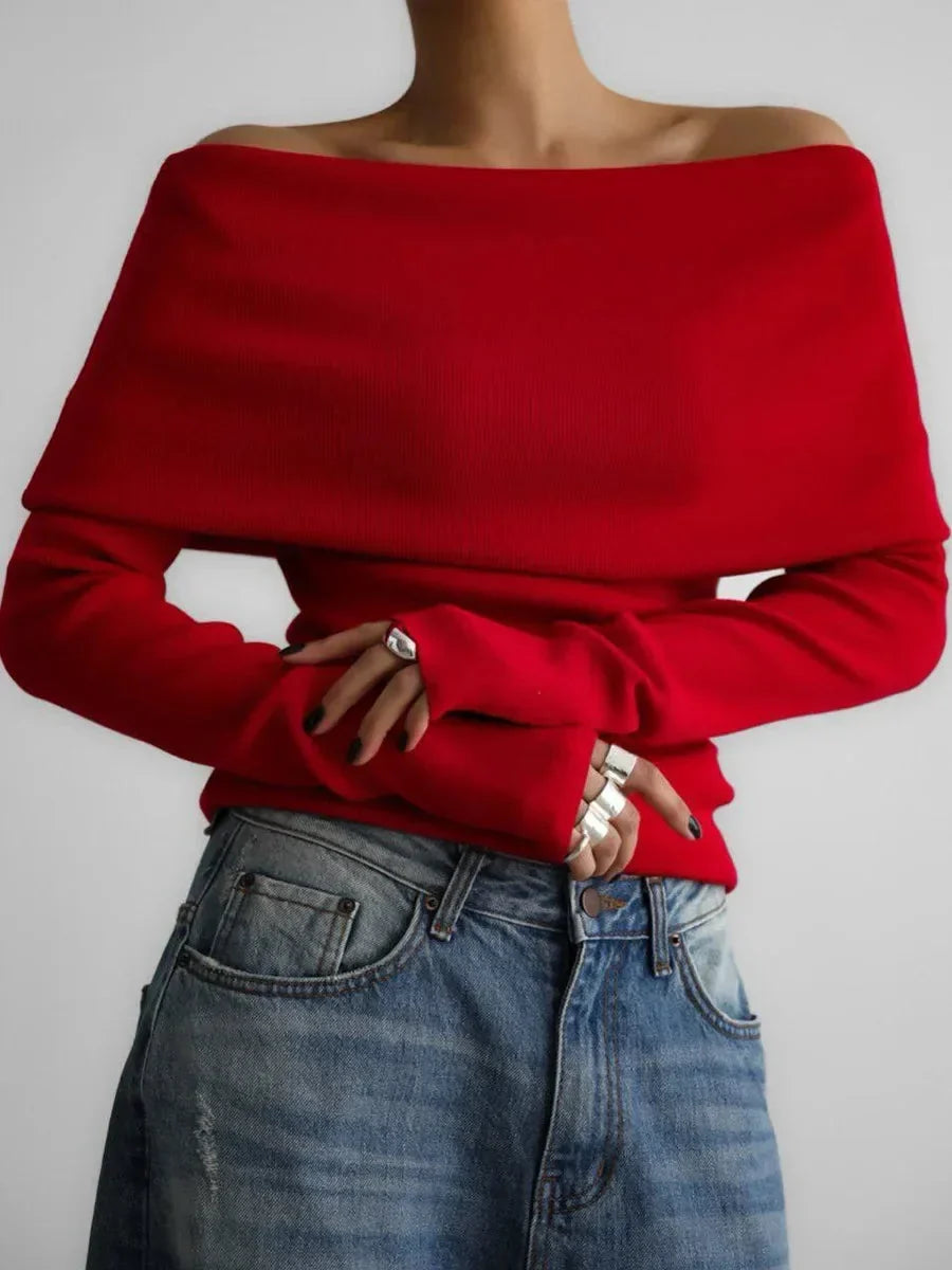 Pull tricoté d'hiver à manches longues pour femme | Épaules dénudées