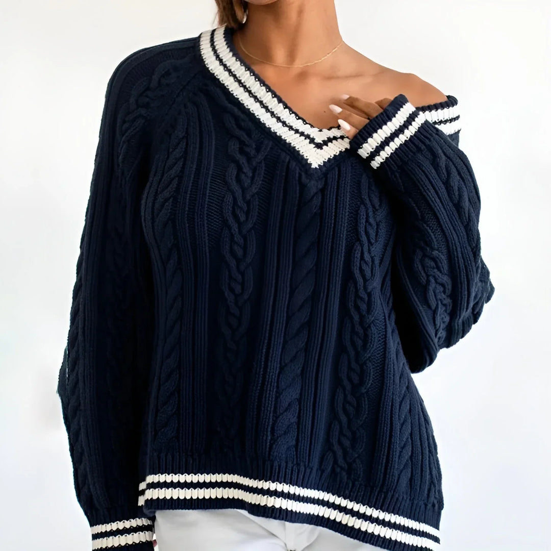 Women's Navy Oversized Knit Sweater | V Neck