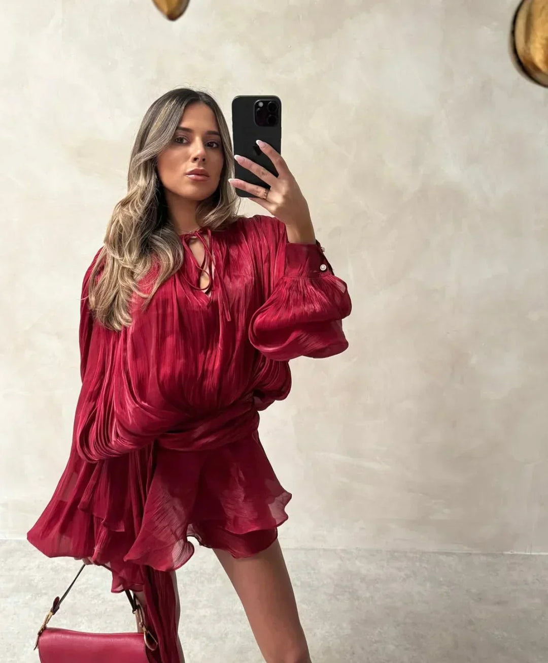 Women's Elegant Puff Sleeve Pleated Dress | Mini