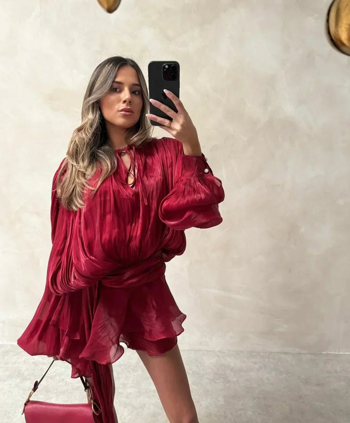Women's Elegant Puff Sleeve Pleated Dress | Mini