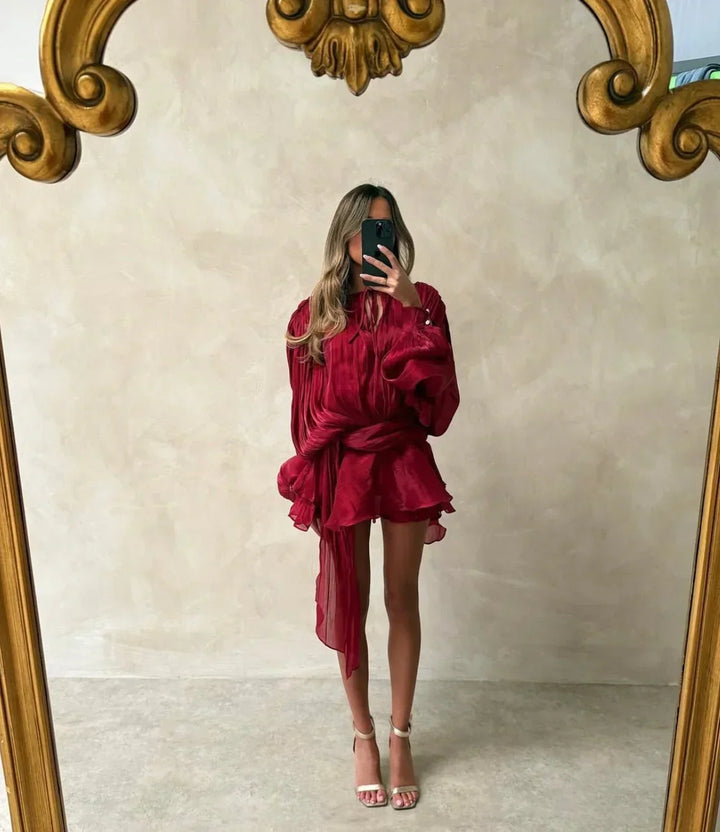 Women's Elegant Puff Sleeve Pleated Dress | Mini