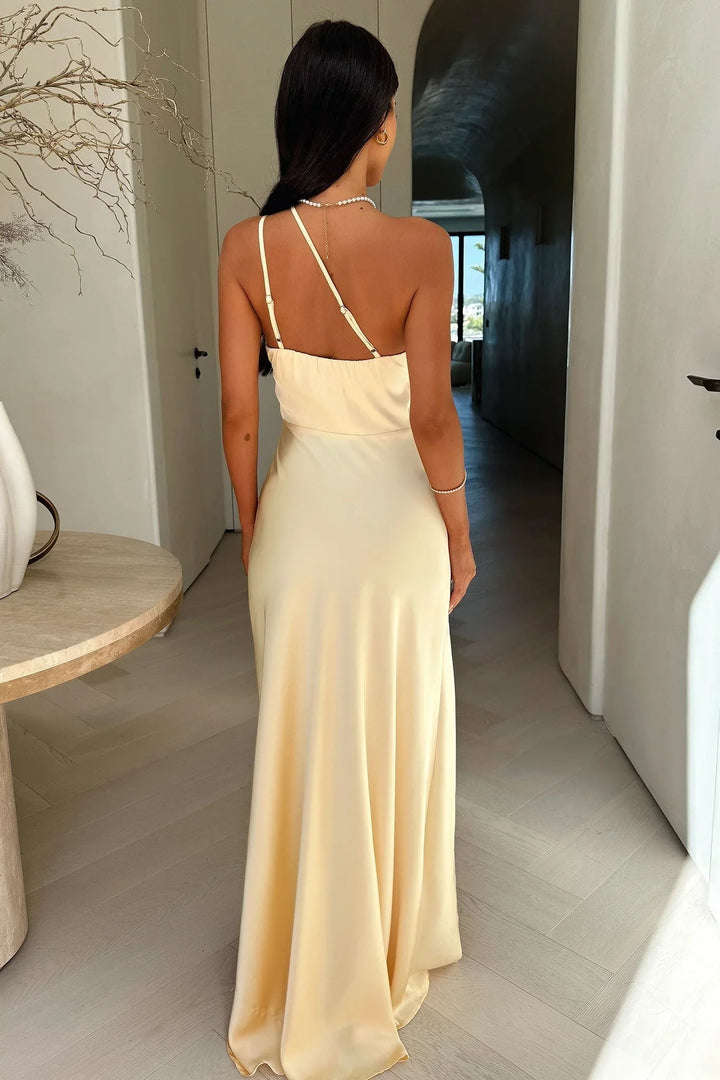 Women's Elegant Formal Beige Asymmetric Dress with Slit | Maxi
