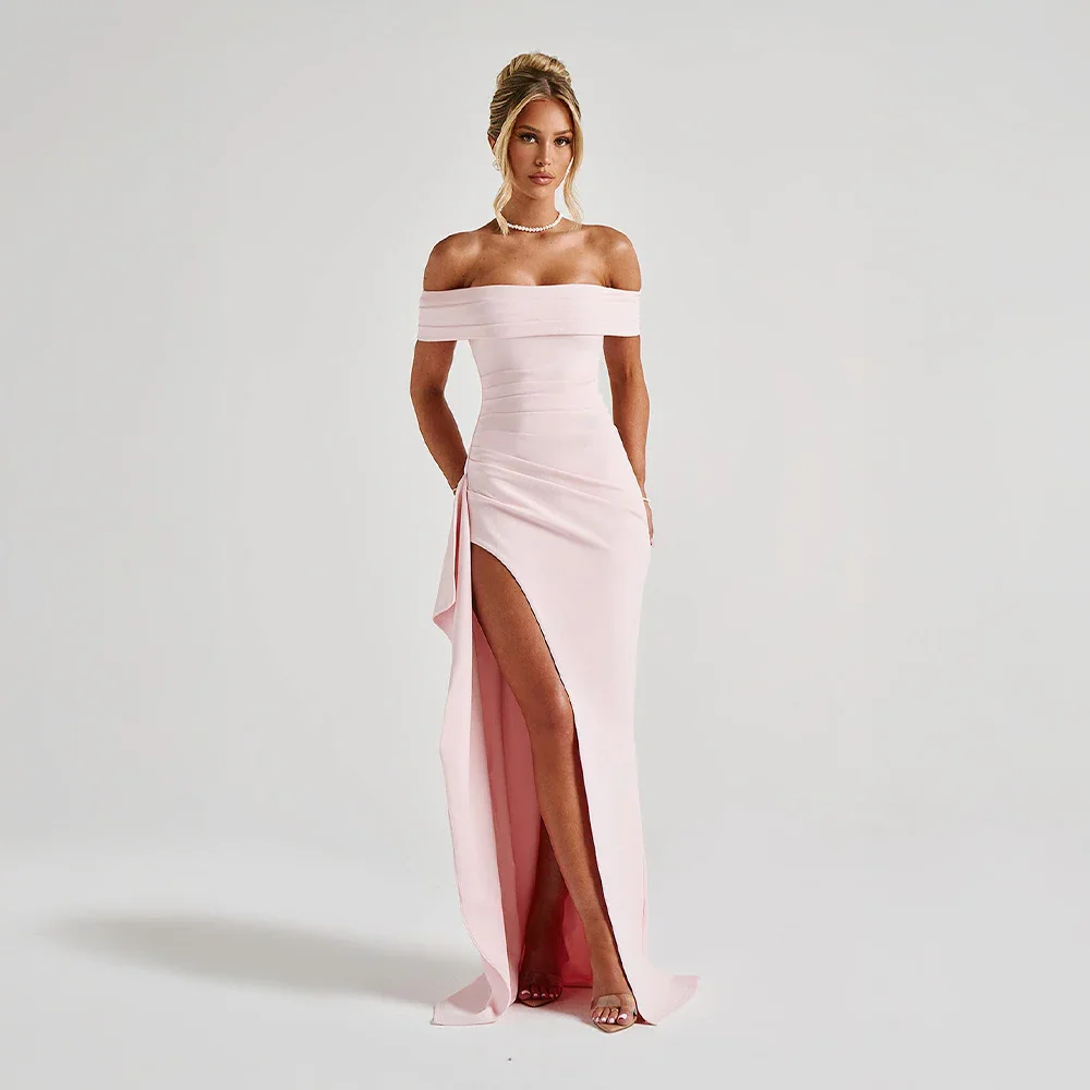 Women's Elegant Formal Off Shoulder Wedding Guest Dress with Slit | Maxi