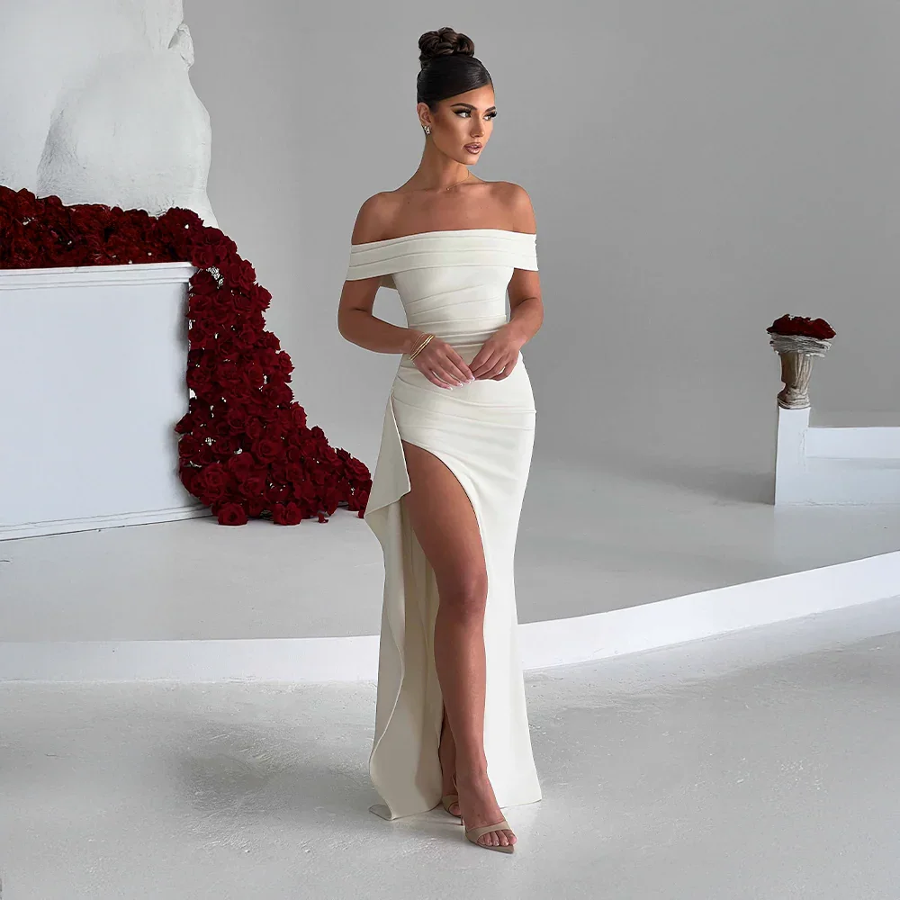 Women's Elegant Formal Off Shoulder Wedding Guest Dress with Slit | Maxi