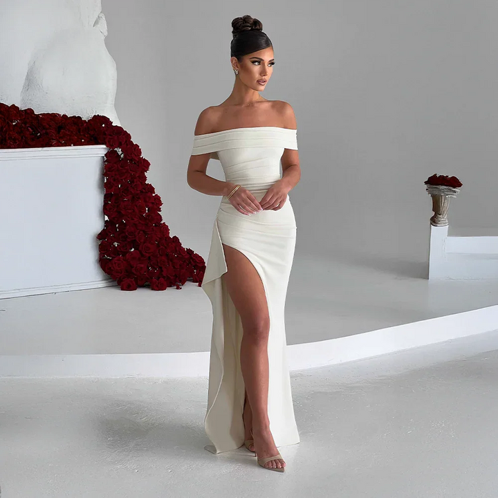 Women's Elegant Formal Off Shoulder Wedding Guest Dress with Slit | Maxi