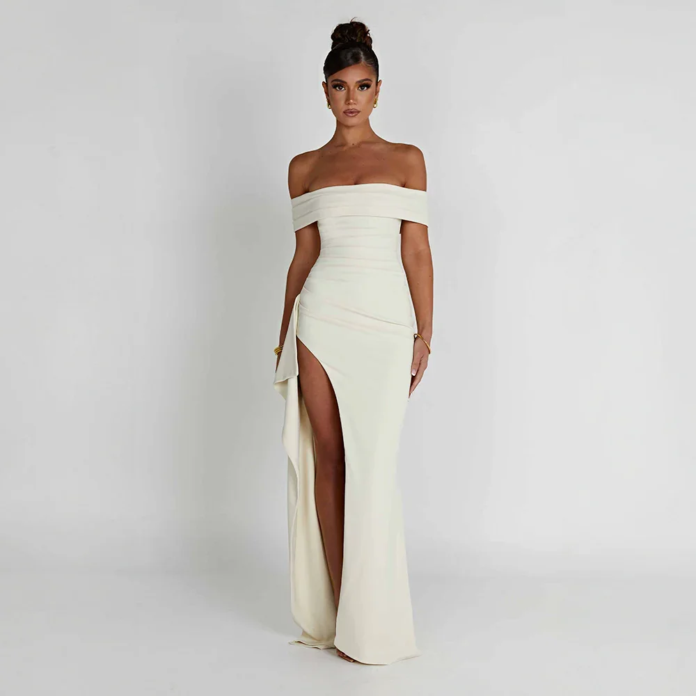 Women's Elegant Formal Off Shoulder Wedding Guest Dress with Slit | Maxi