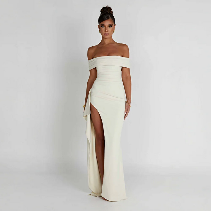 Women's Elegant Formal Off Shoulder Wedding Guest Dress with Slit | Maxi