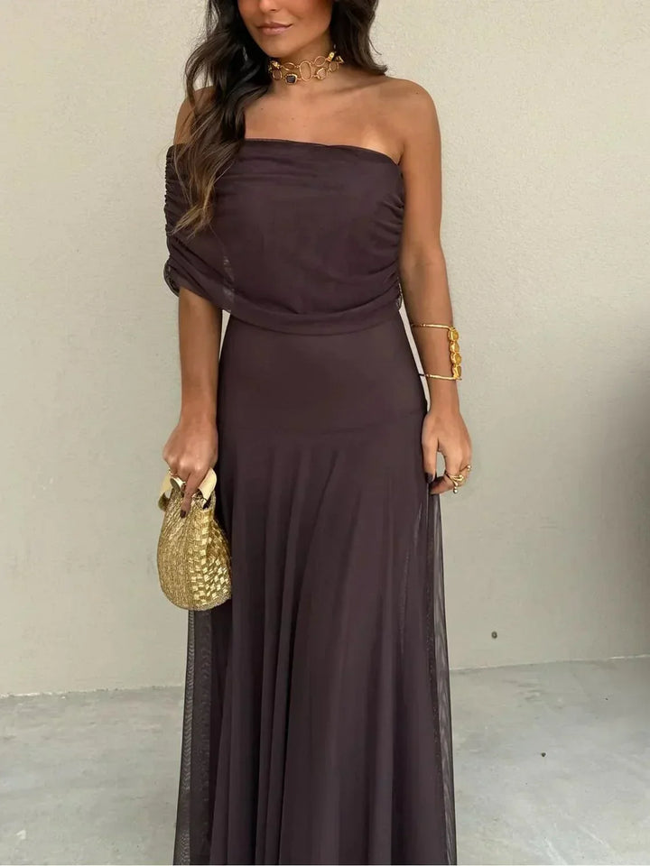 Women's Elegant Wedding Guest Off Shoulder Flowy Dress | Maxi