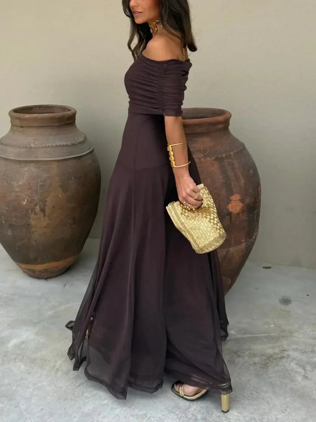 Women's Elegant Wedding Guest Off Shoulder Flowy Dress | Maxi
