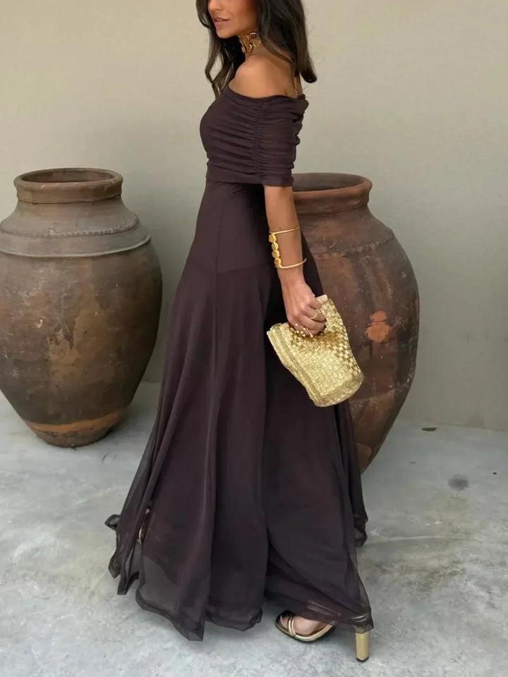 Women's Elegant Wedding Guest Off Shoulder Flowy Dress | Maxi