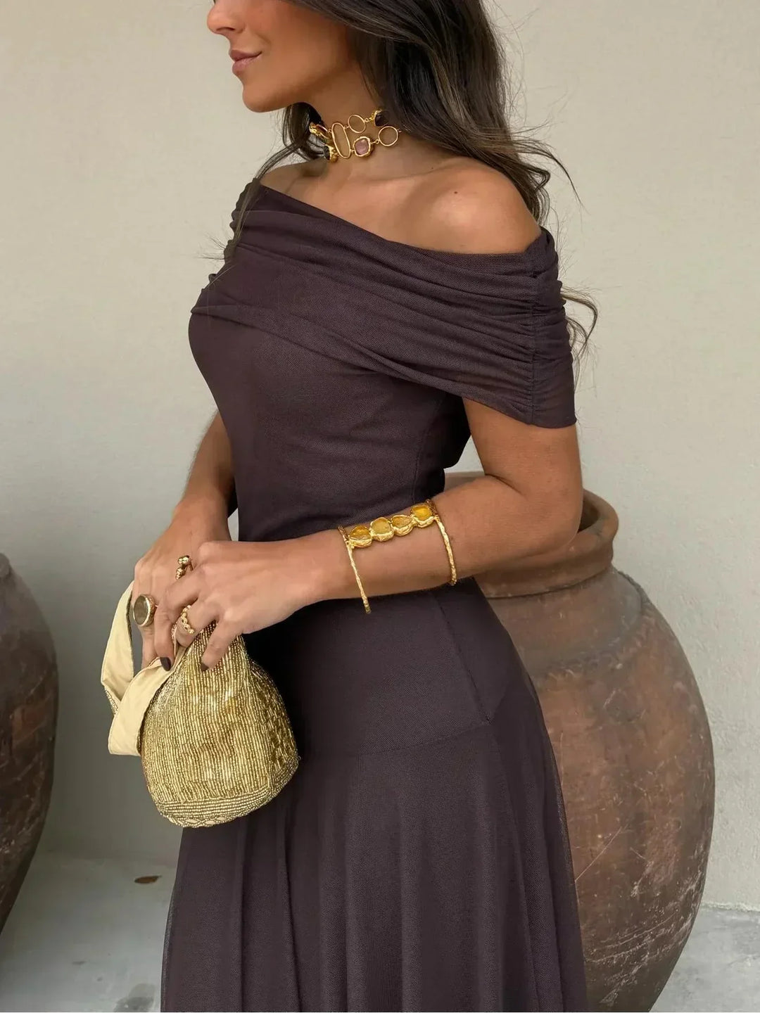 Women's Elegant Wedding Guest Off Shoulder Flowy Dress | Maxi