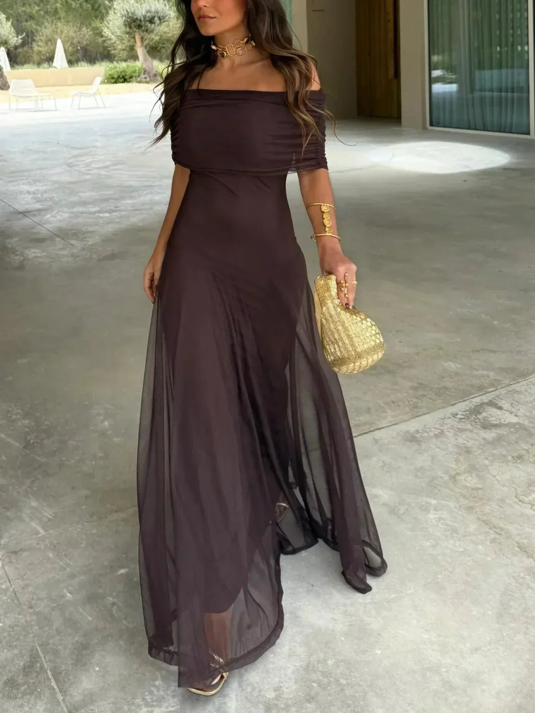 Women's Elegant Wedding Guest Off Shoulder Flowy Dress | Maxi