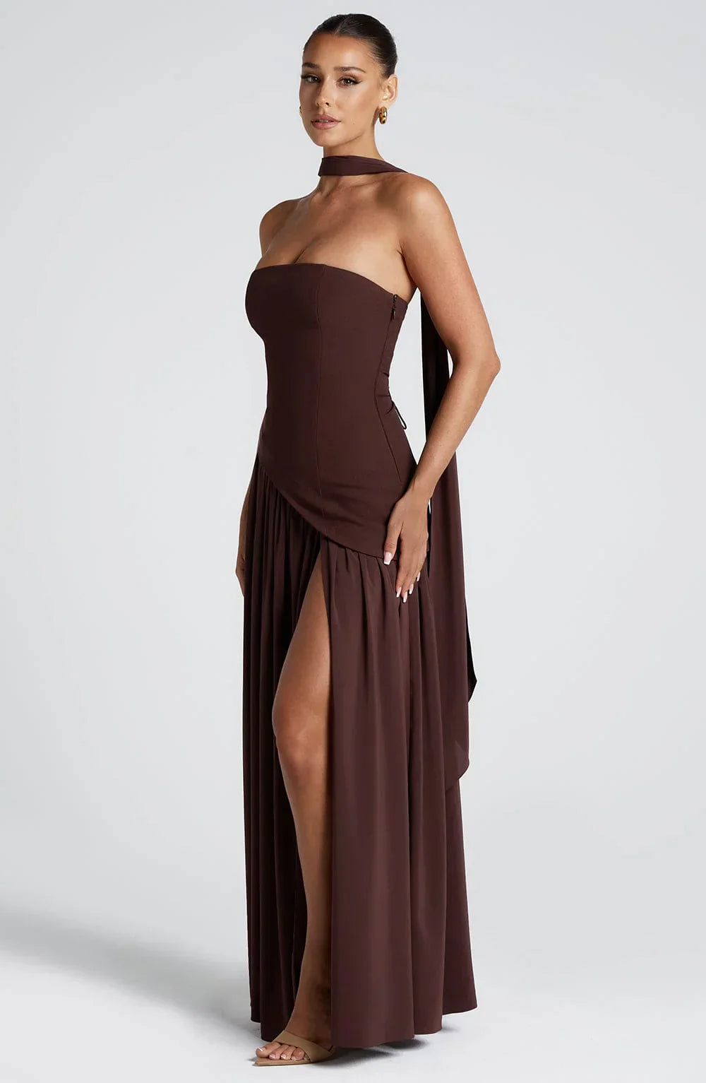 Women's Elegant Prom Asymmetrical Cut Slit Dress with Neck Scarf | Maxi