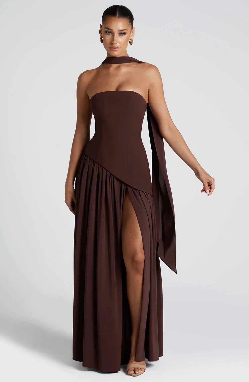 Women's Elegant Prom Asymmetrical Cut Slit Dress with Neck Scarf | Maxi
