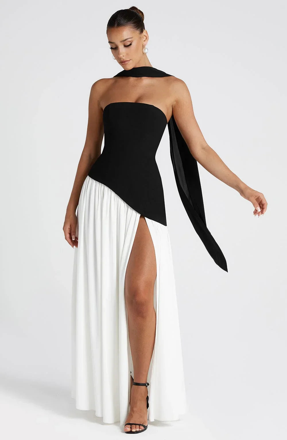 Women's Elegant Prom Asymmetrical Cut Slit Dress with Neck Scarf | Maxi