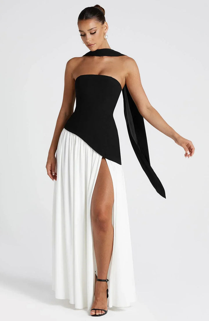 Women's Elegant Prom Asymmetrical Cut Slit Dress with Neck Scarf | Maxi