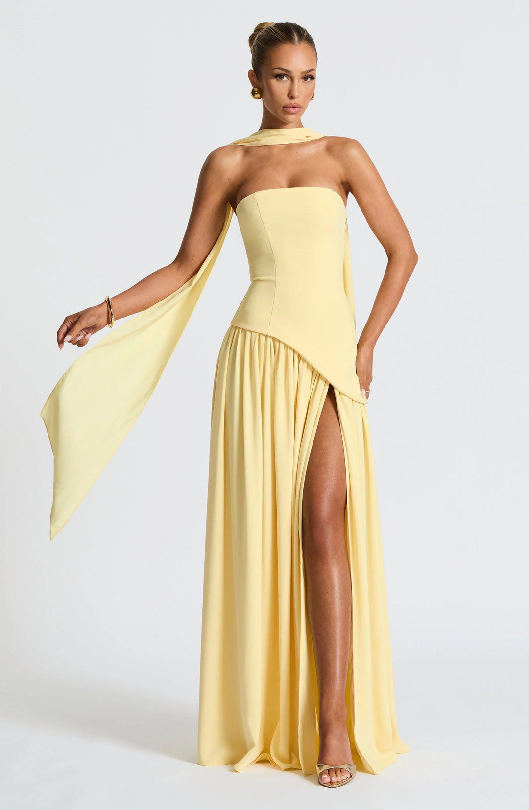 Women's Elegant Prom Asymmetrical Cut Slit Dress with Neck Scarf | Maxi