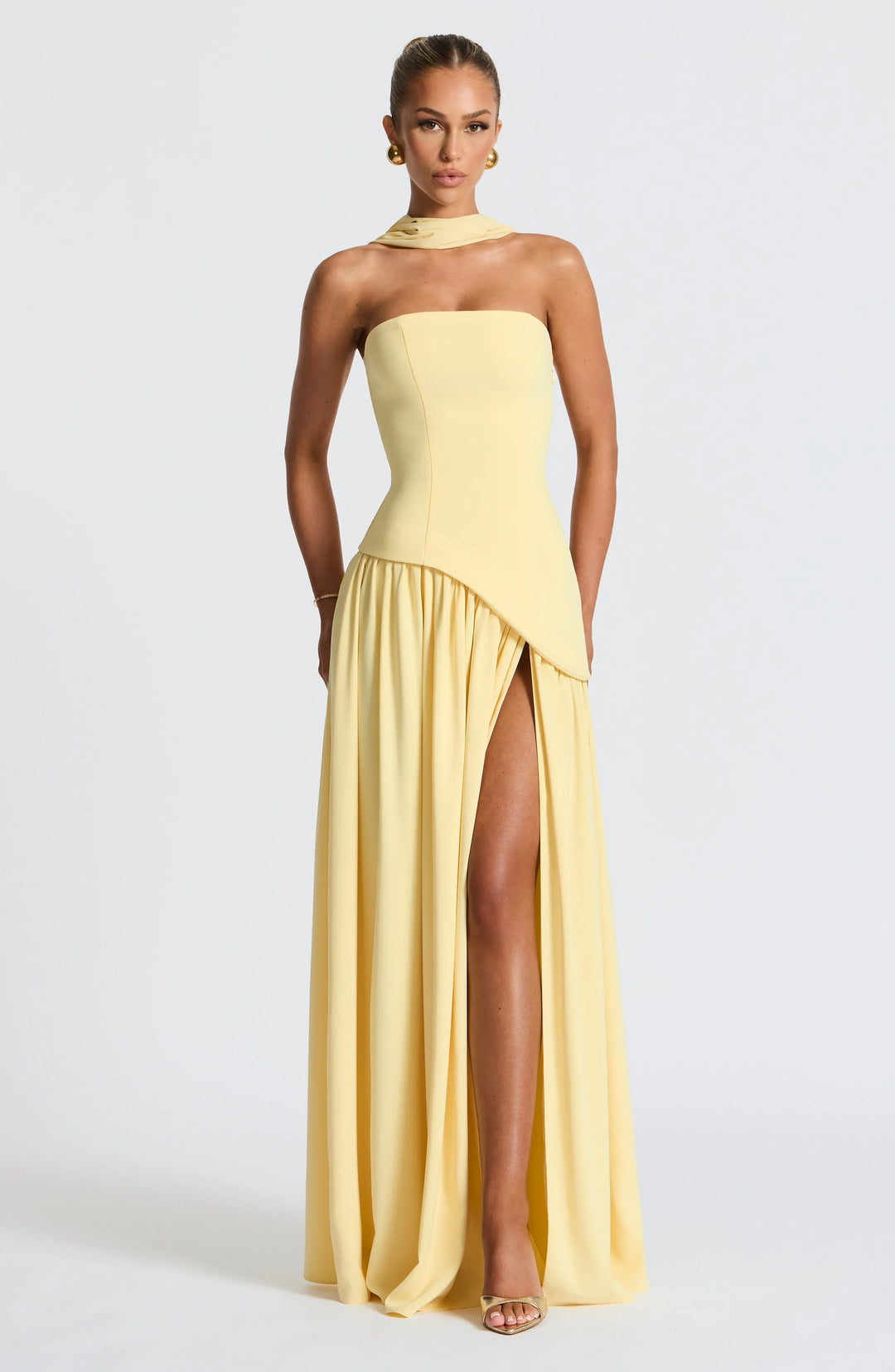 Women's Elegant Prom Asymmetrical Cut Slit Dress with Neck Scarf | Maxi