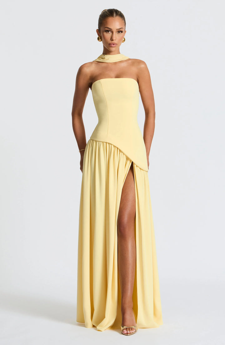 Women's Elegant Prom Asymmetrical Cut Slit Dress with Neck Scarf | Maxi