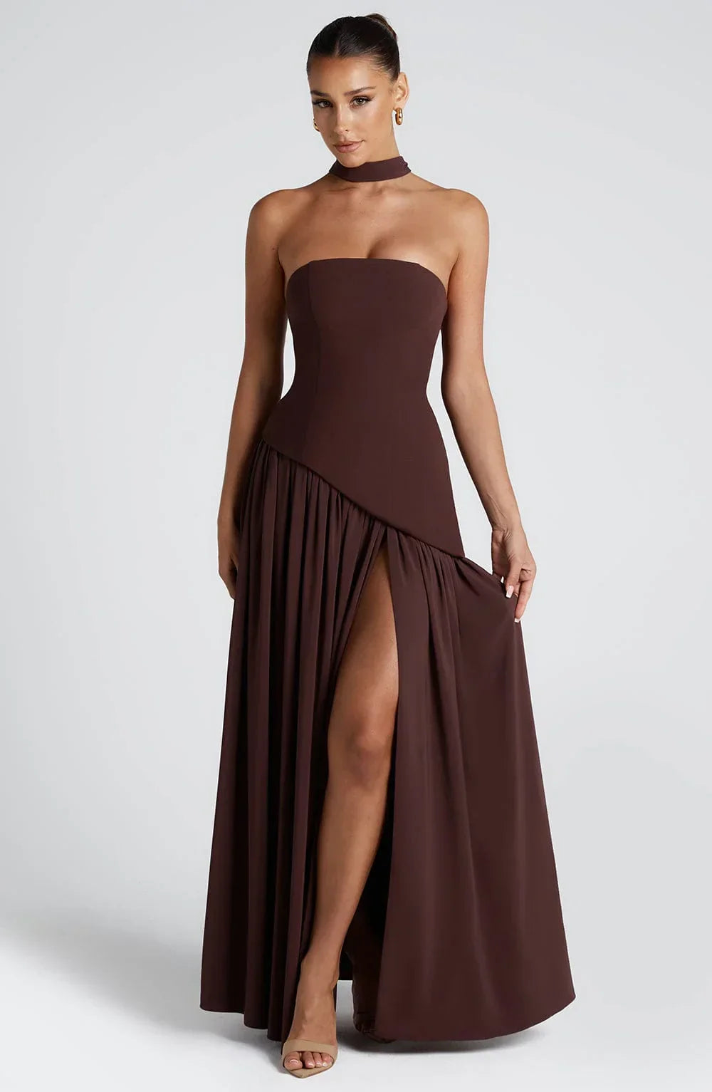 Women's Elegant Prom Asymmetrical Cut Slit Dress with Neck Scarf | Maxi