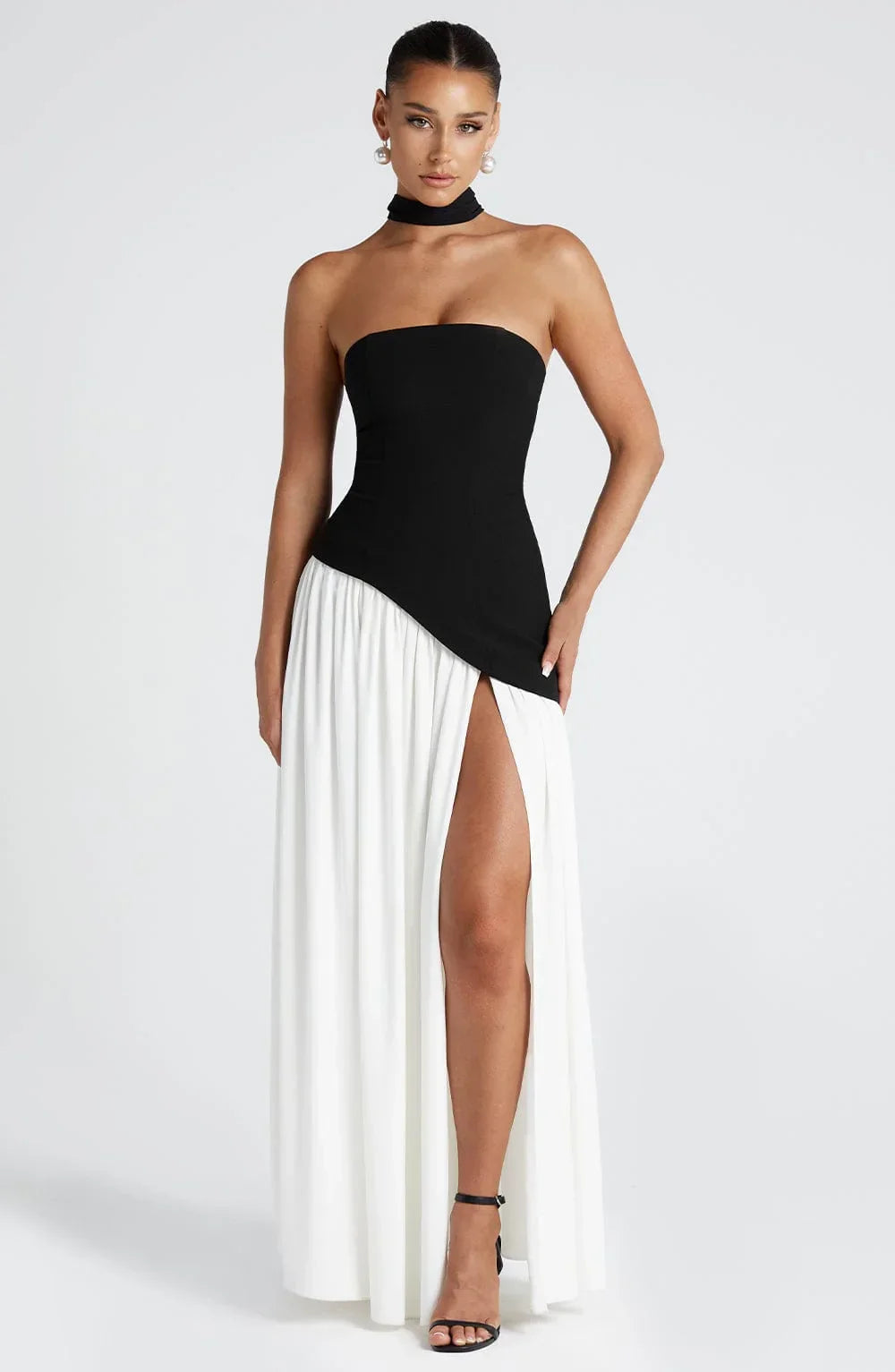 Women's Elegant Prom Asymmetrical Cut Slit Dress with Neck Scarf | Maxi