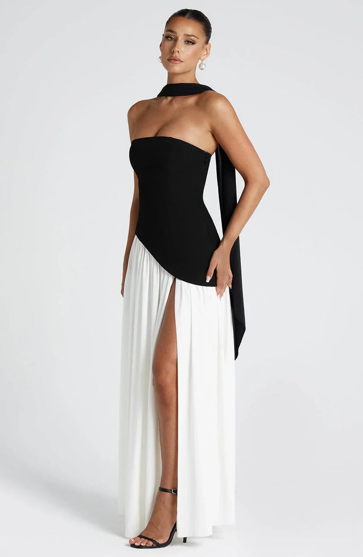 Women's Elegant Prom Asymmetrical Cut Slit Dress with Neck Scarf | Maxi