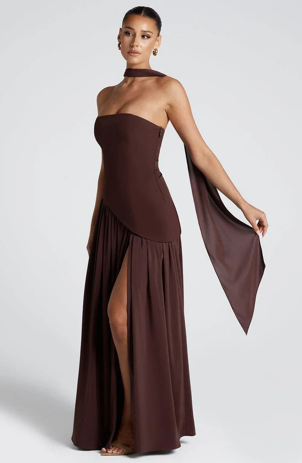 Women's Elegant Prom Asymmetrical Cut Slit Dress with Neck Scarf | Maxi