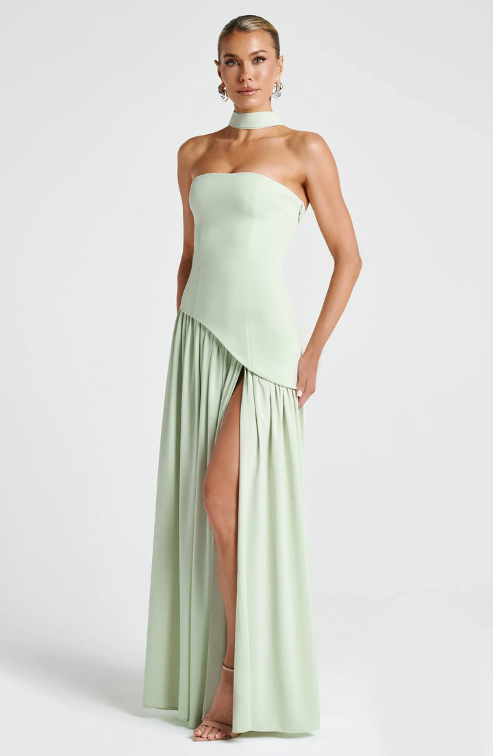Women's Elegant Prom Asymmetrical Cut Slit Dress with Neck Scarf | Maxi
