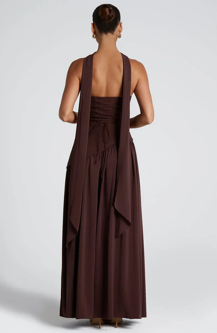 Women's Elegant Prom Asymmetrical Cut Slit Dress with Neck Scarf | Maxi