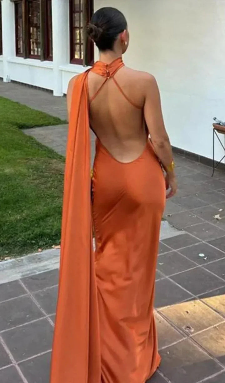 Women's Elegant Asymmetrical Neck Draped Evening Dress | Maxi