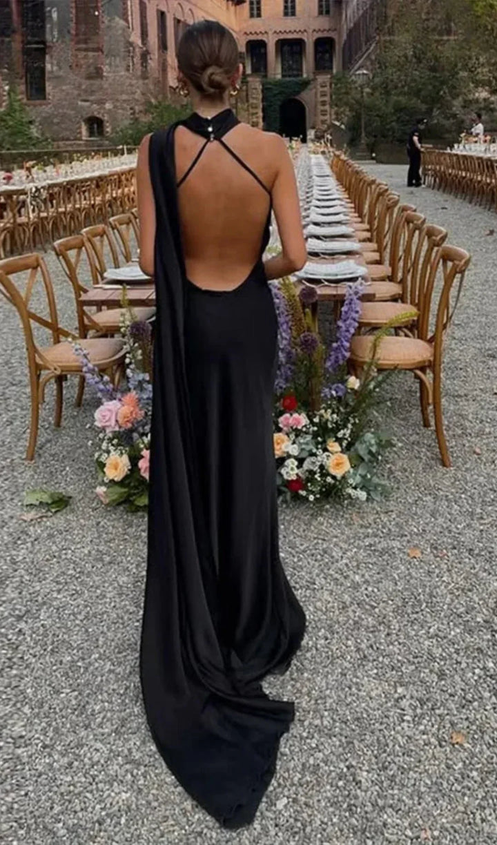 Women's Elegant Asymmetrical Neck Draped Evening Dress | Maxi