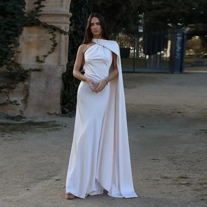 Women's Elegant Asymmetrical Neck Draped Evening Dress | Maxi