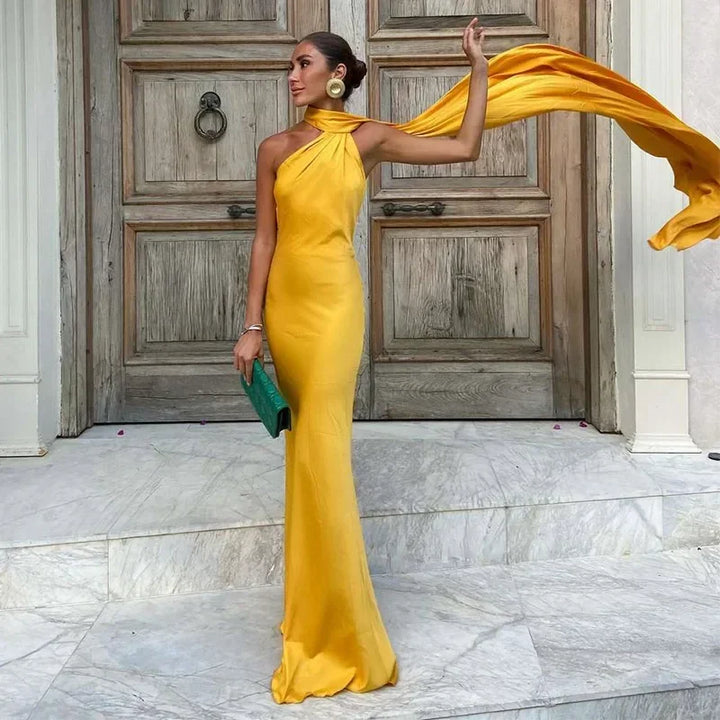 Women's Elegant Asymmetrical Neck Draped Evening Dress | Maxi