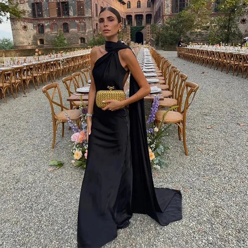 Women's Elegant Asymmetrical Neck Draped Evening Dress | Maxi