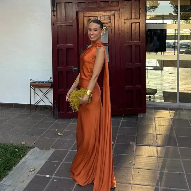 Women's Elegant Asymmetrical Neck Draped Evening Dress | Maxi