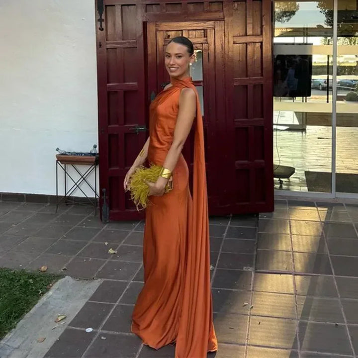 Women's Elegant Asymmetrical Neck Draped Evening Dress | Maxi