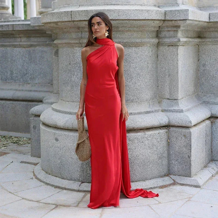 Women's Elegant Asymmetrical Neck Draped Evening Dress | Maxi