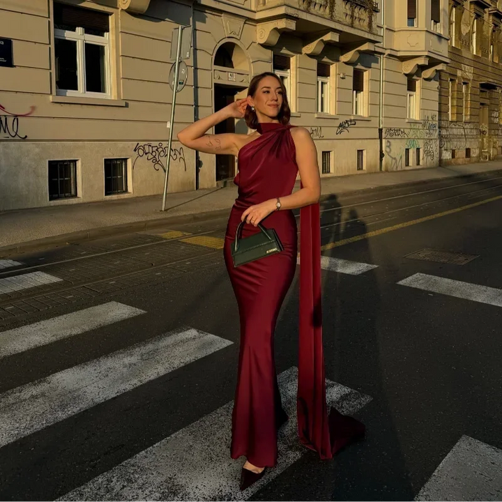 Women's Elegant Asymmetrical Neck Draped Evening Dress | Maxi