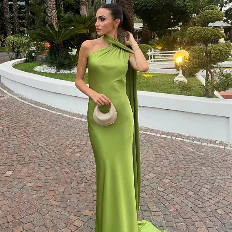 Women's Elegant Asymmetrical Neck Draped Evening Dress | Maxi