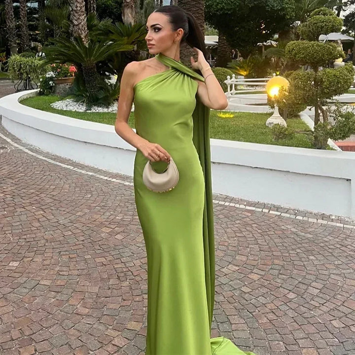 Women's Elegant Asymmetrical Neck Draped Evening Dress | Maxi