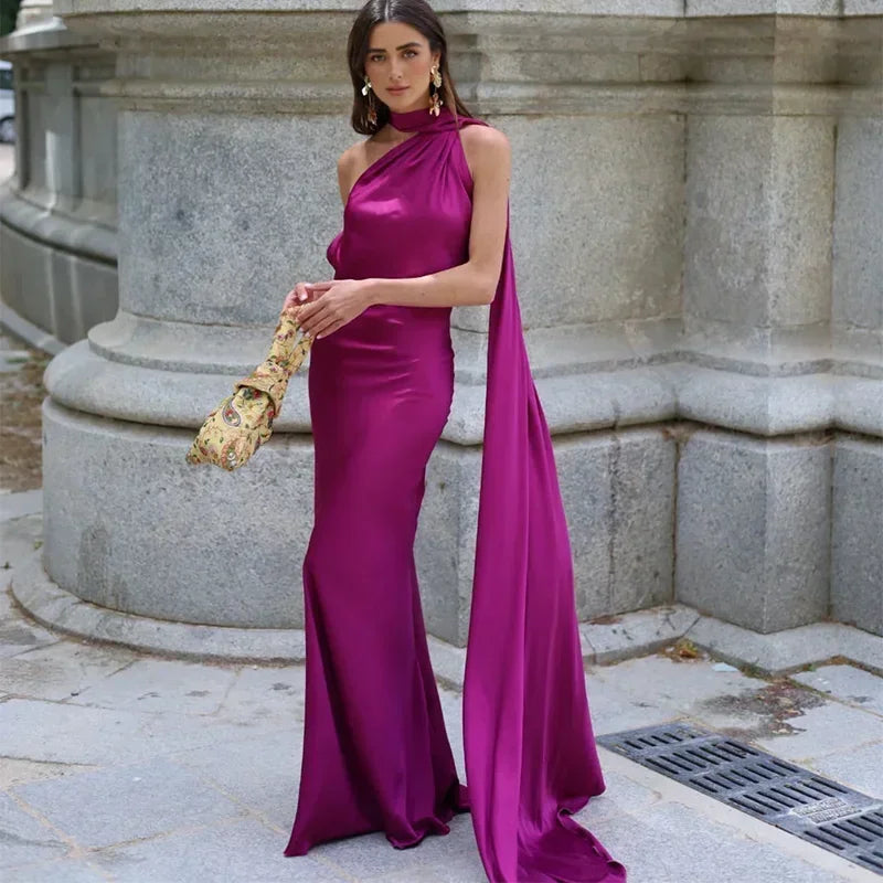 Women's Elegant Asymmetrical Neck Draped Evening Dress | Maxi