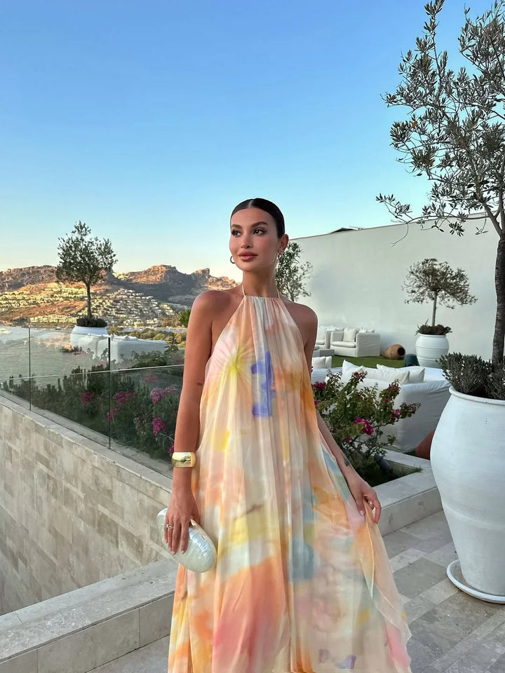 Women's Elegant Summer Printed Backless Vacation Dress | Maxi