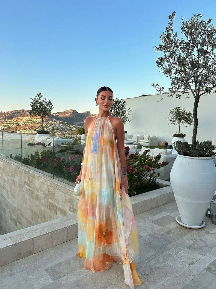 Women's Elegant Summer Printed Backless Vacation Dress | Maxi