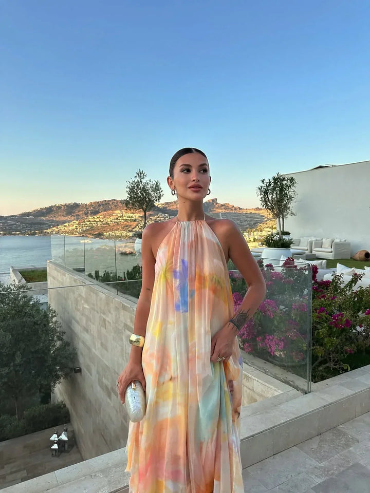 Women's Elegant Summer Printed Backless Vacation Dress | Maxi