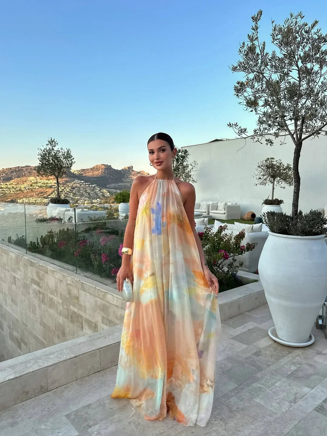 Women's Elegant Summer Printed Backless Vacation Dress | Maxi