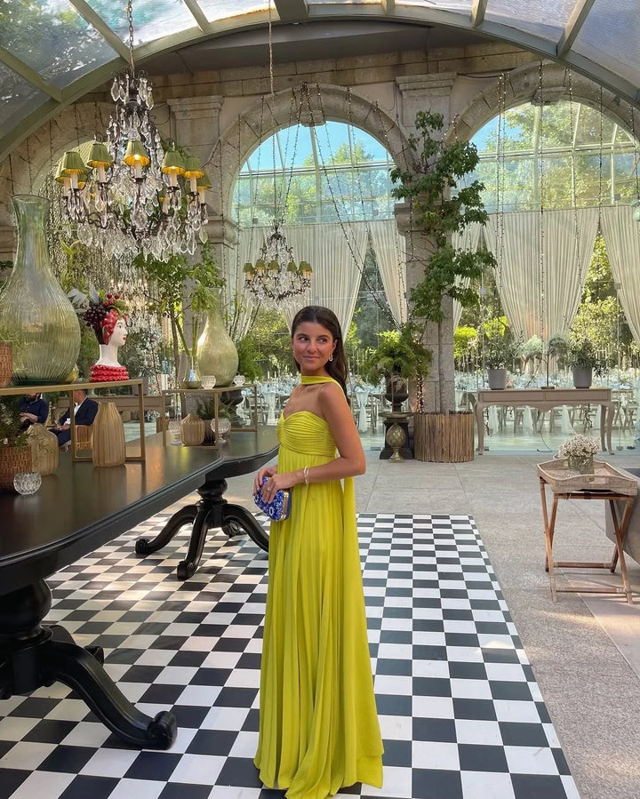 Women's Elegant Yellow Pleated Wedding Guest Dress | Maxi