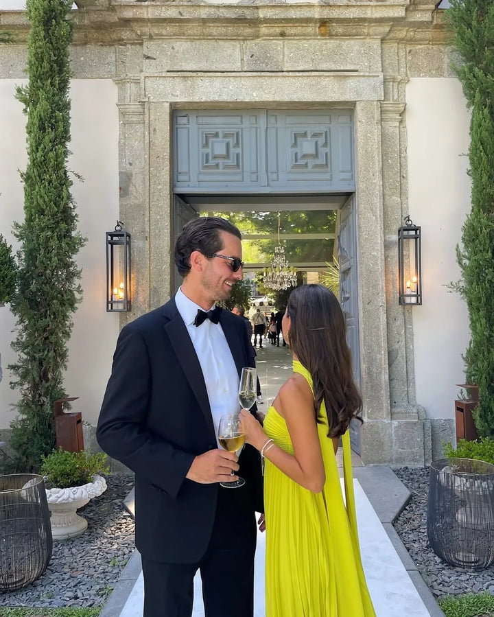 Women's Elegant Yellow Pleated Wedding Guest Dress | Maxi